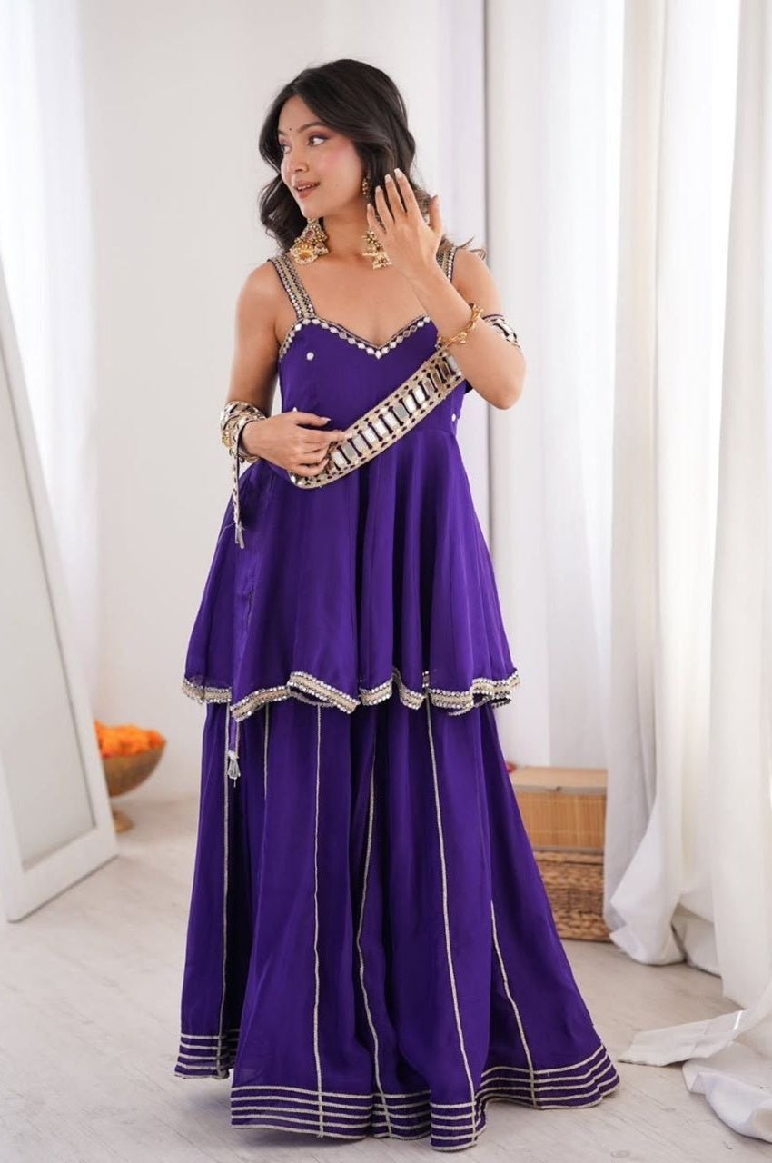 Purple Chinon Palazzo Suit with Original Mirror Work