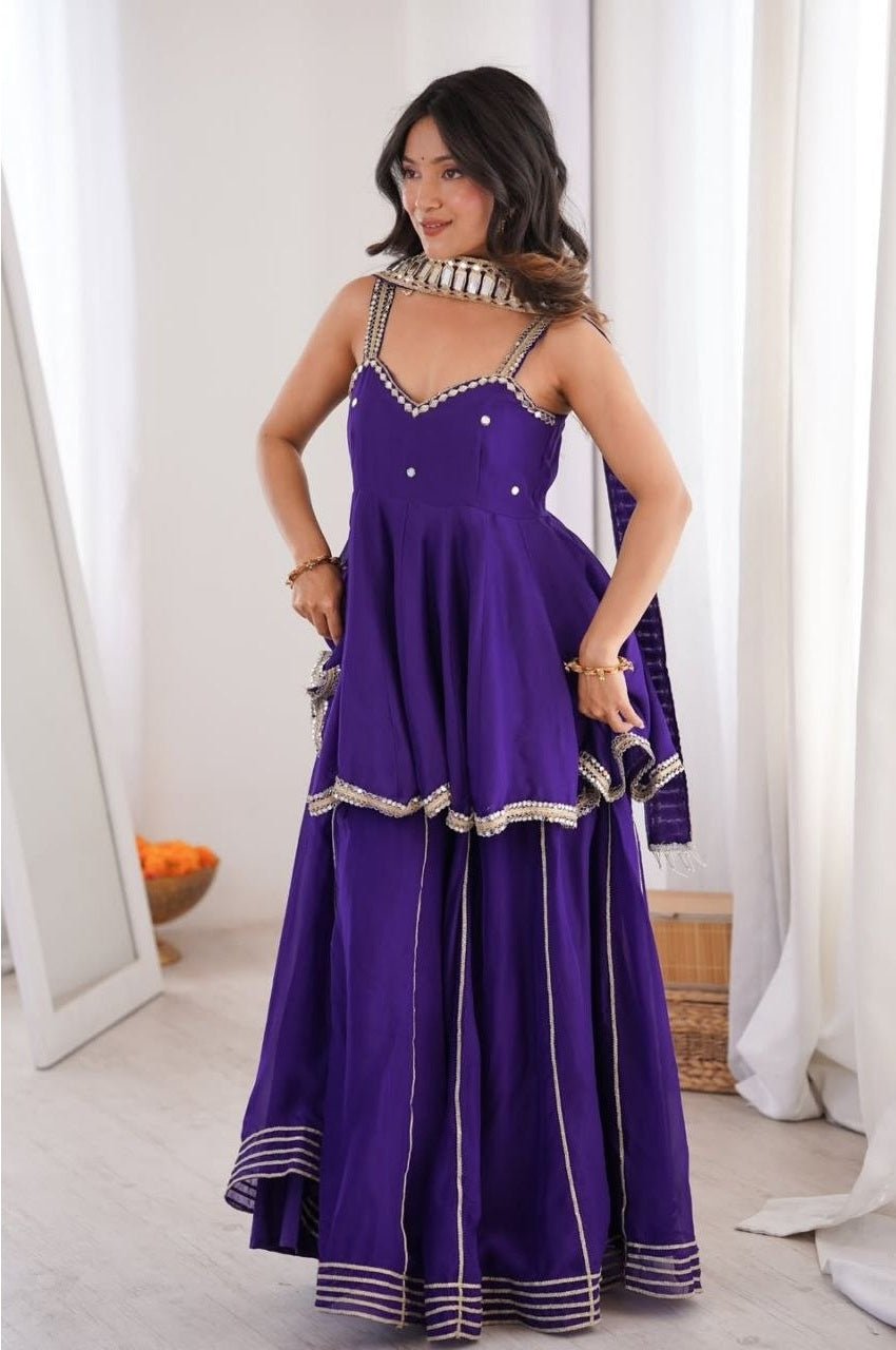 Purple Chinon Palazzo Suit with Original Mirror Work