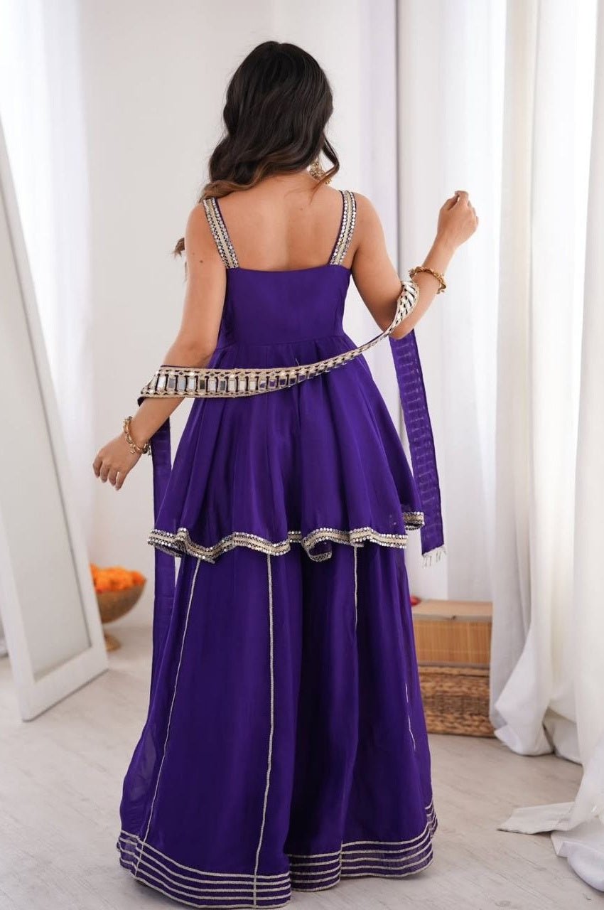 Purple Chinon Palazzo Suit with Original Mirror Work