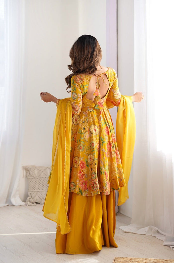 Premium Mustard Yellow Floral Printed Chanderi Silk Kediya