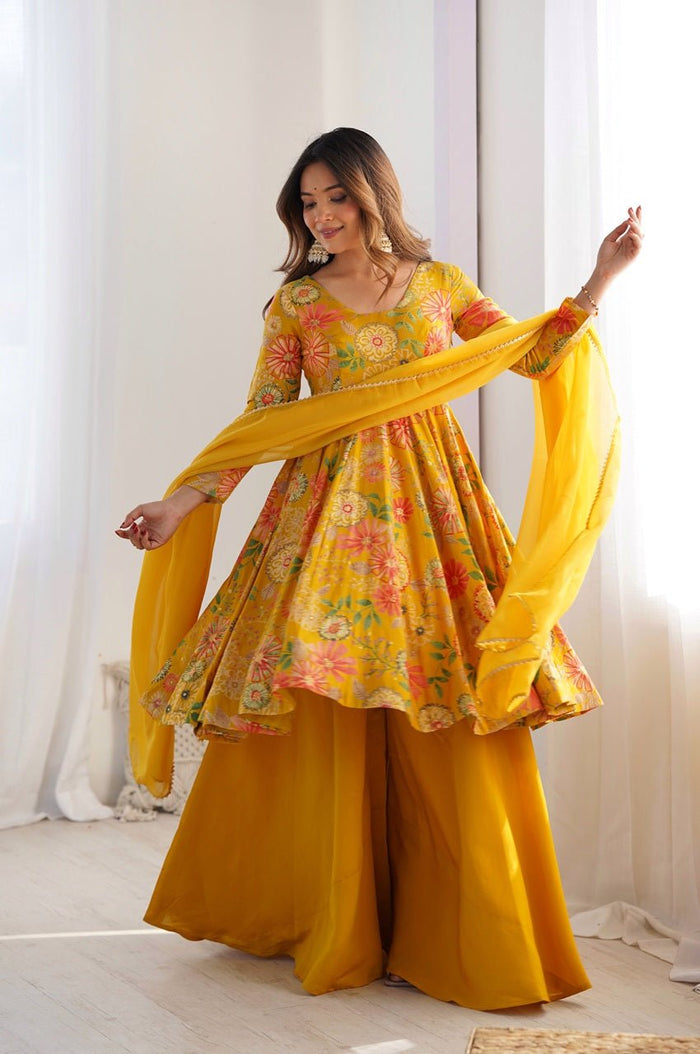 Premium Mustard Yellow Floral Printed Chanderi Silk Kediya