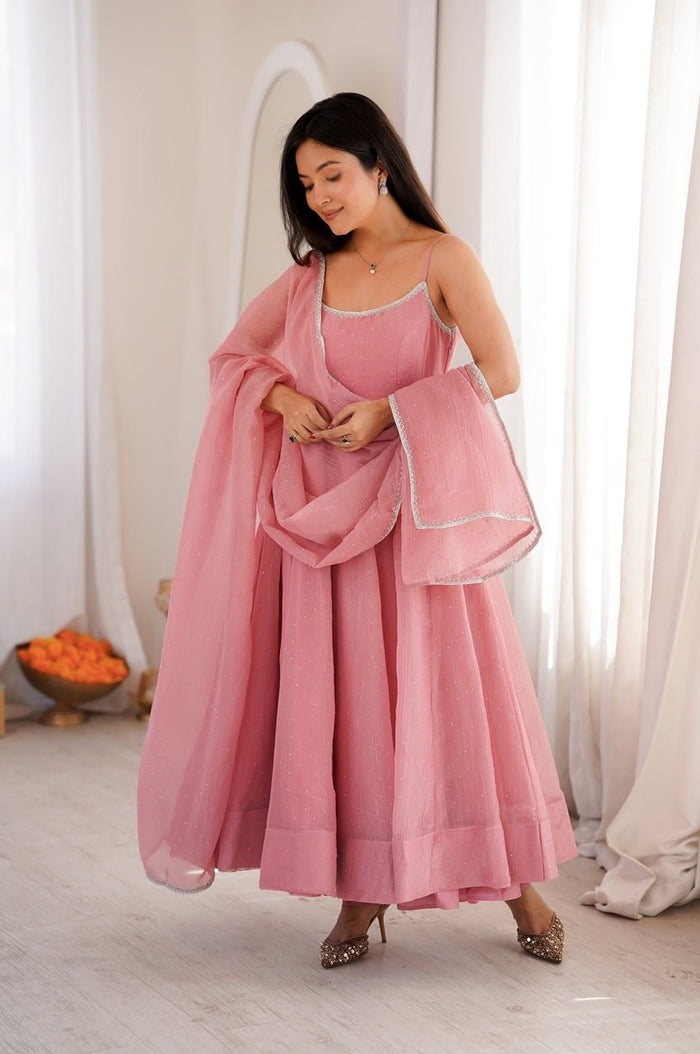 Elegant Rose Gold Crunchy Silk Anarkali Gown Set