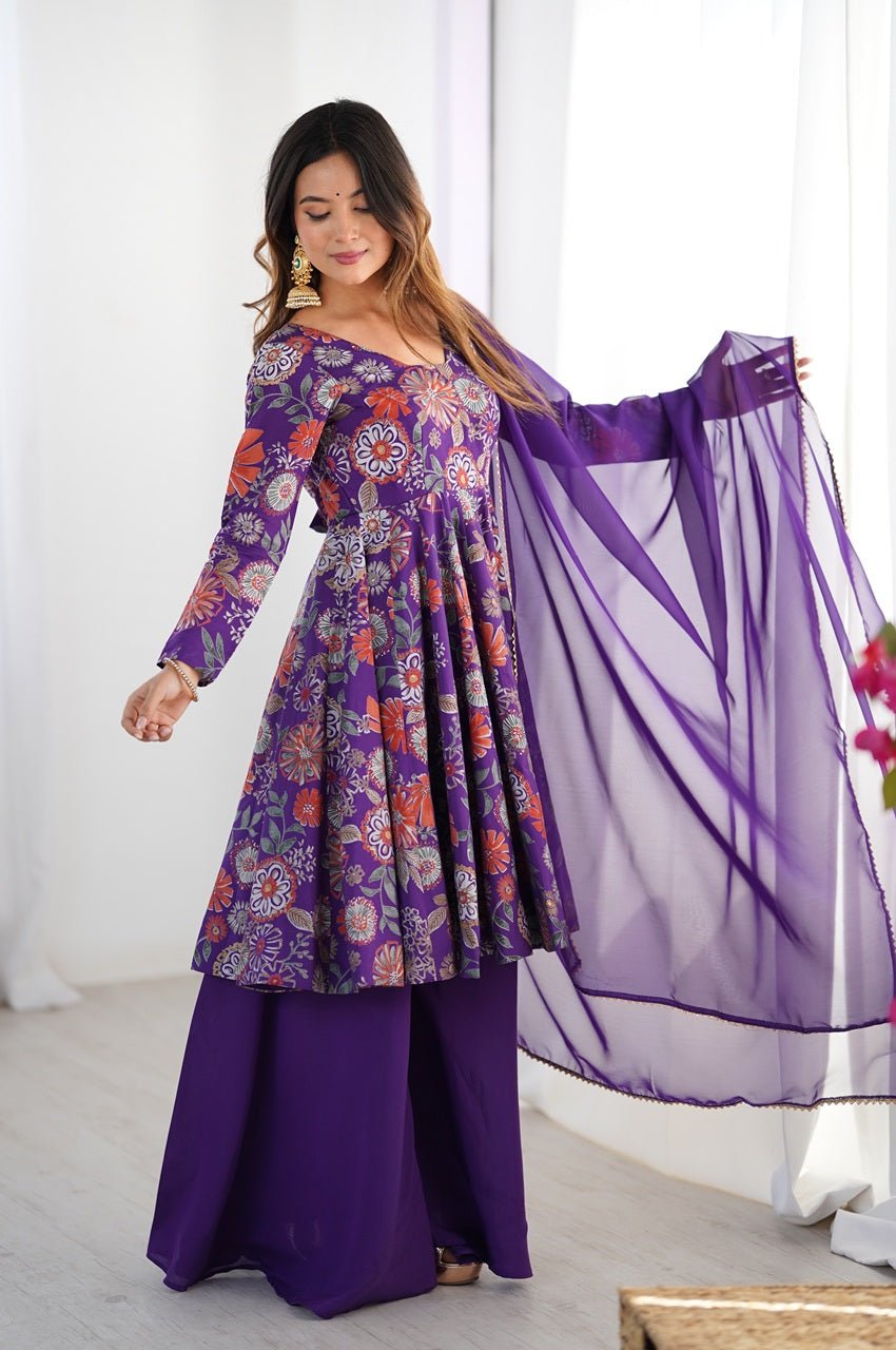 Premium Purple Floral Printed Chanderi Silk Kediya