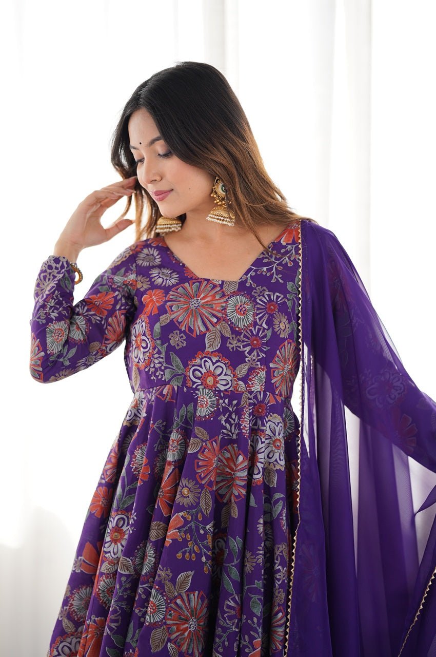 Premium Purple Floral Printed Chanderi Silk Kediya