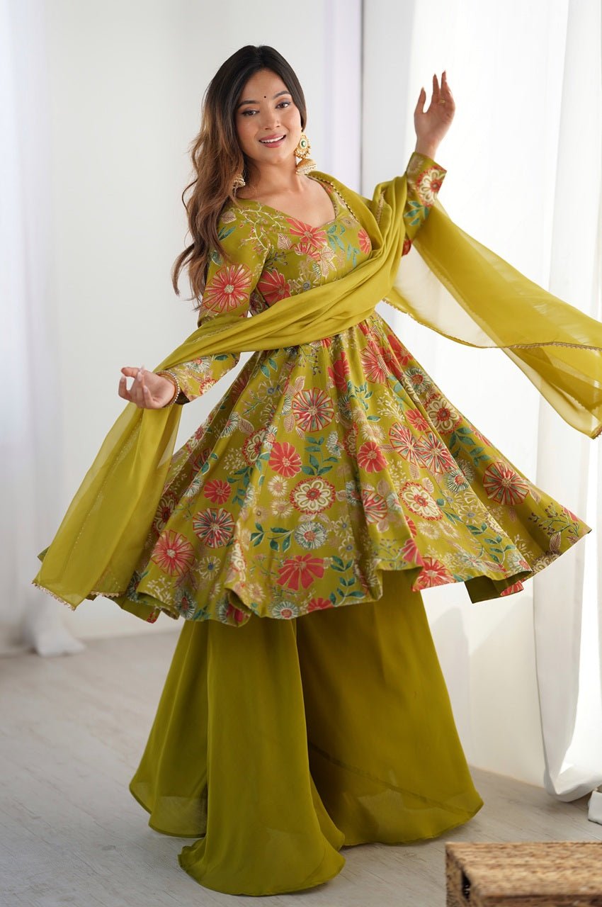 Premium Mehndi Green Floral Printed Chanderi Silk Kediya