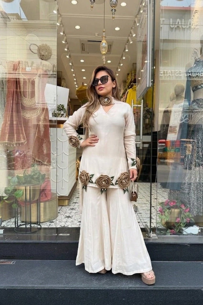 Apple White Roman Silk Hand Flower Embroidered Kurti Set