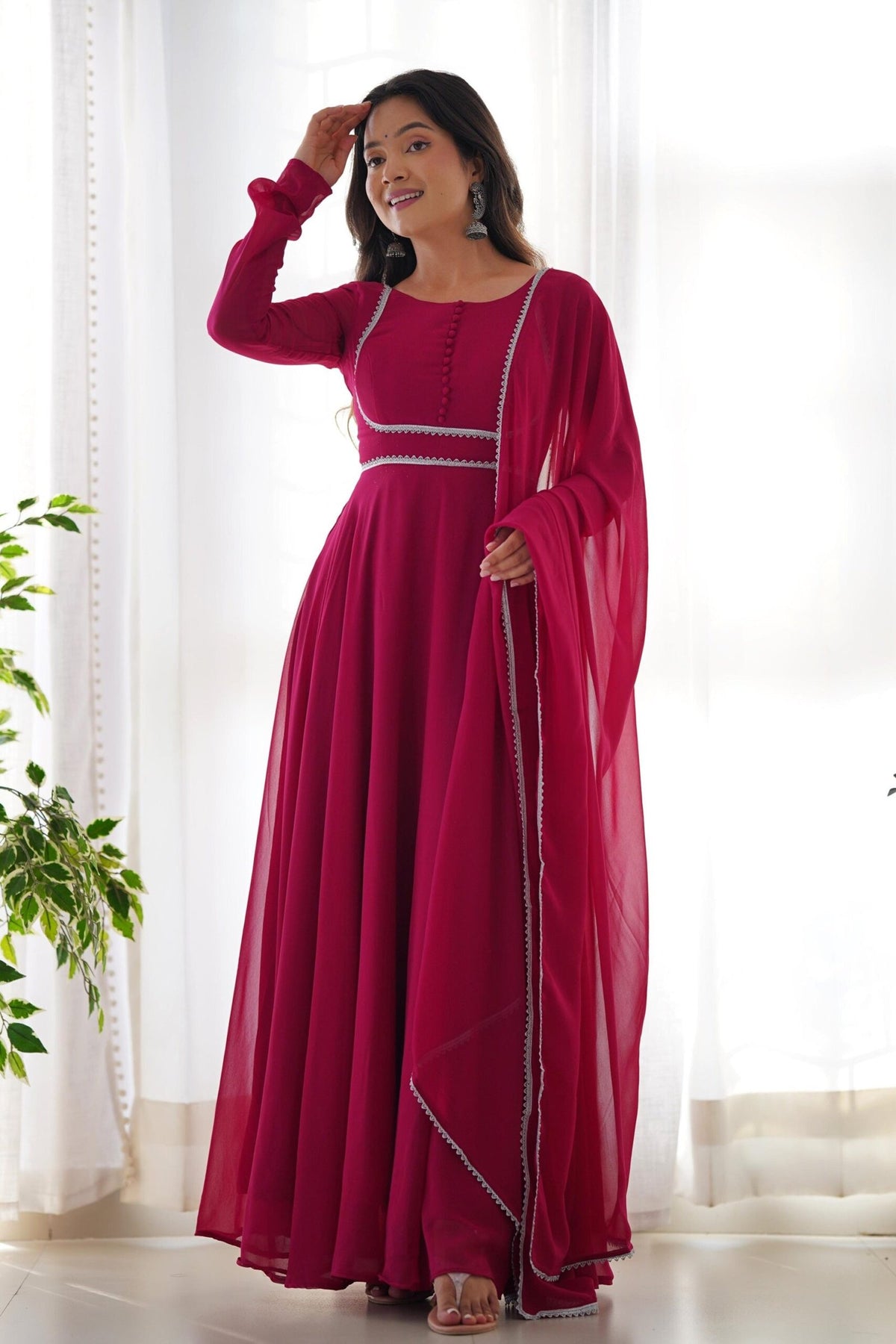 Wine Color Designer Yoke Neck Gown