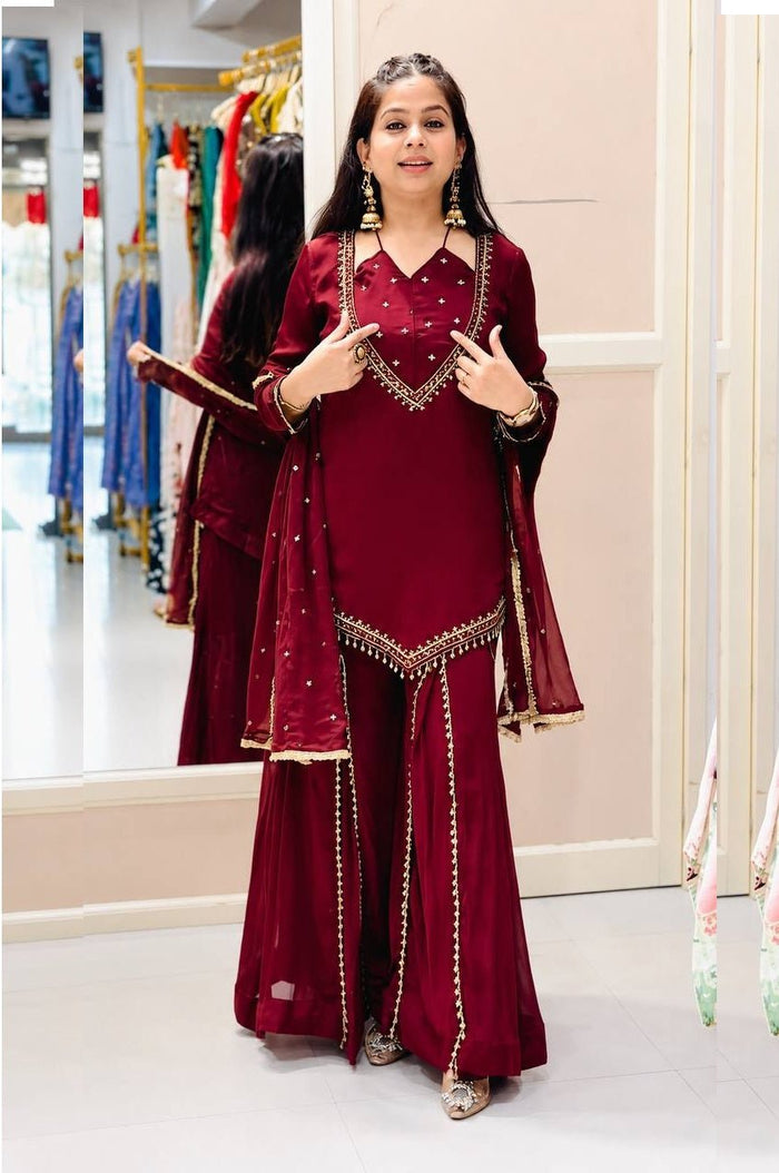 Ruby Red Roman Glass Mirror Work Kurta Palazzo Set