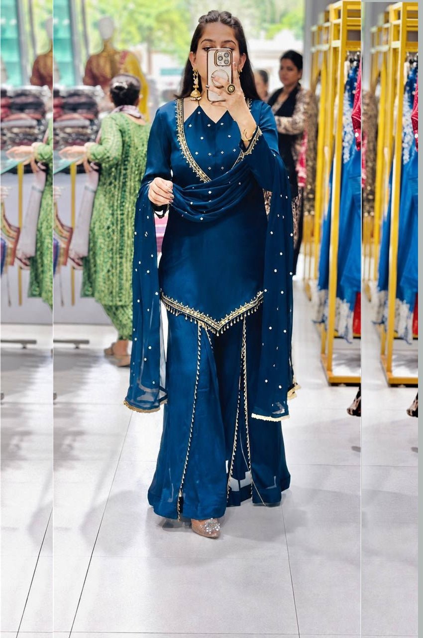 Regal Blue Roman Glass Mirror Work Kurta Palazzo Set