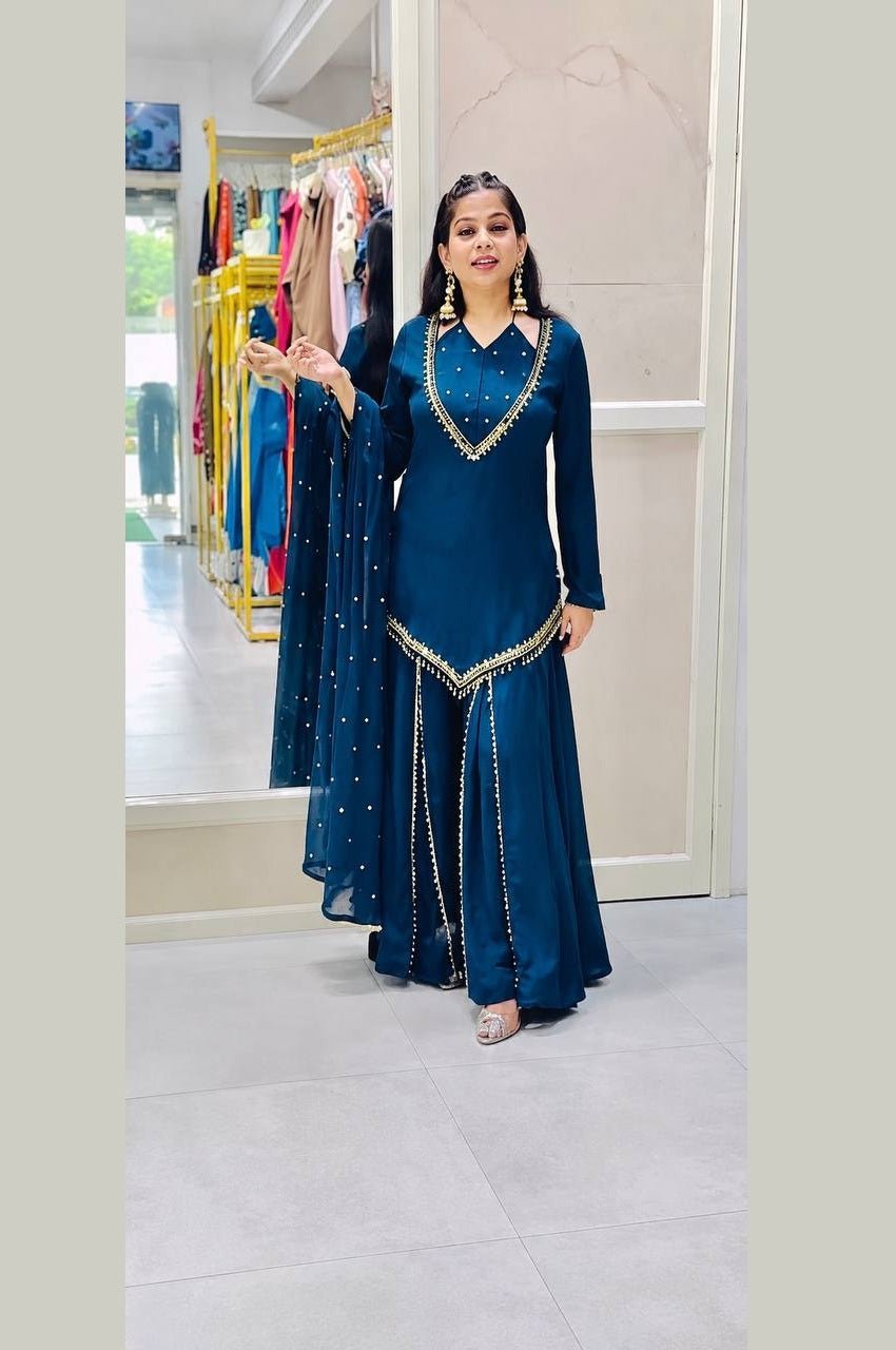 Regal Blue Roman Glass Mirror Work Kurta Palazzo Set