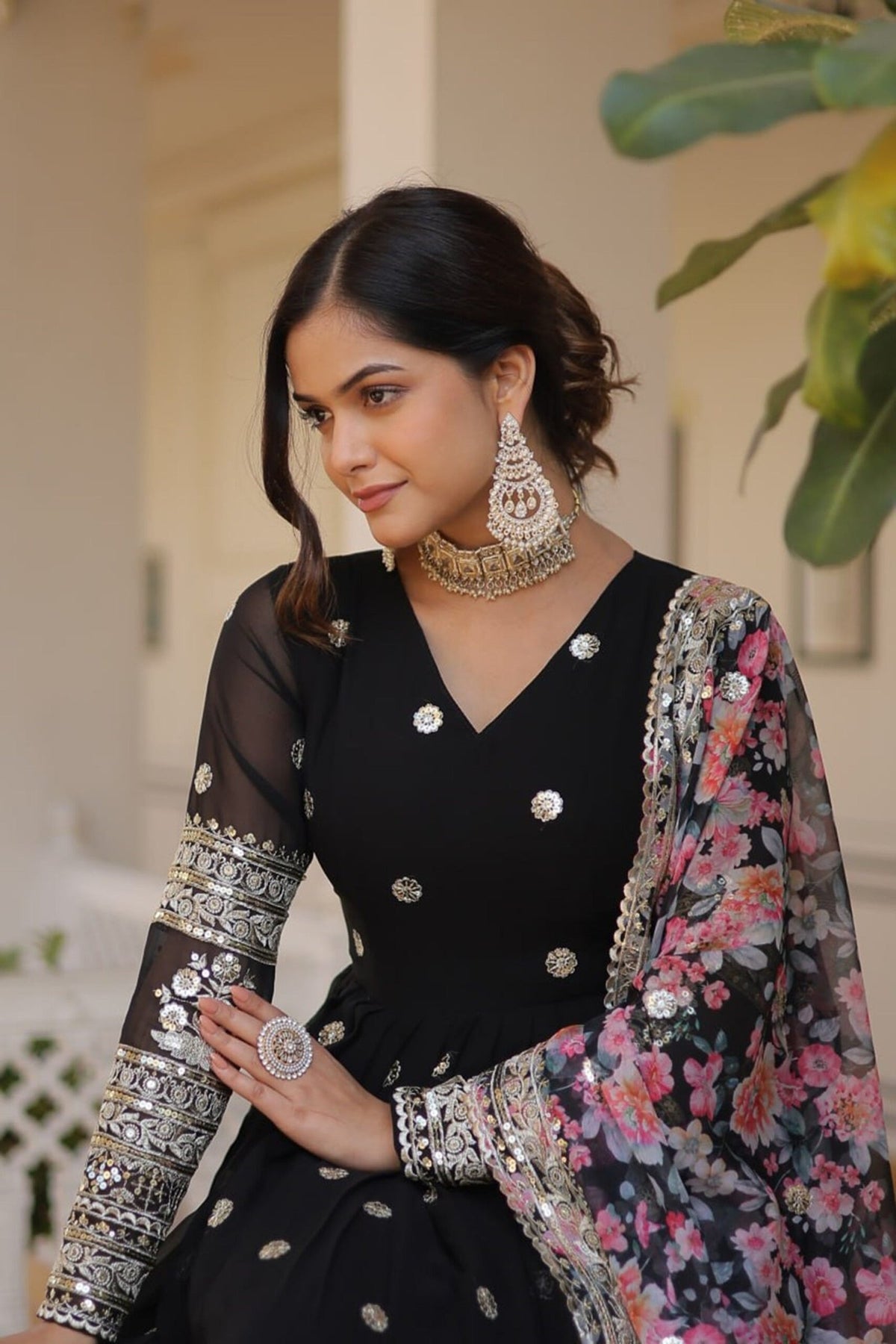 Black Heavy Embroidery Work Gown