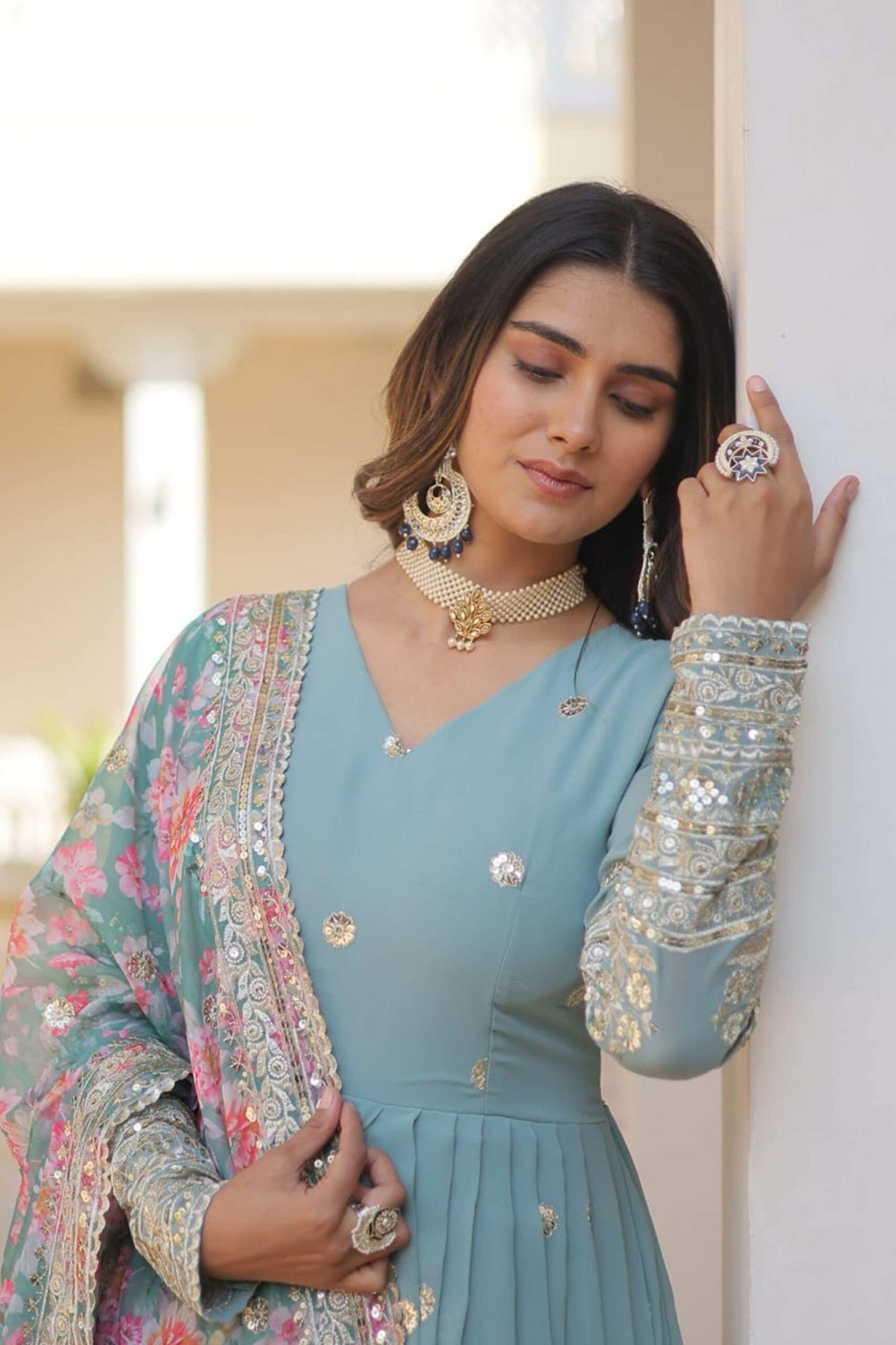Sky Blue Heavy Embroidery Work Gown