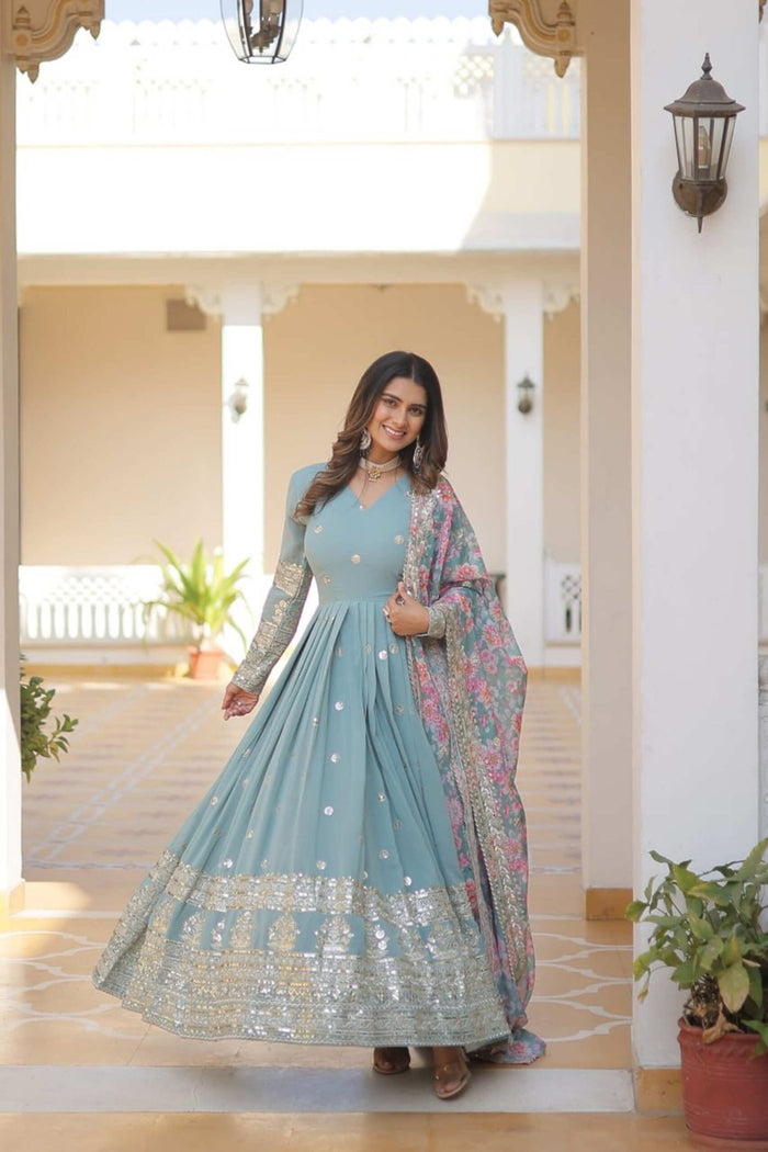 Sky Blue Heavy Embroidery Work Gown