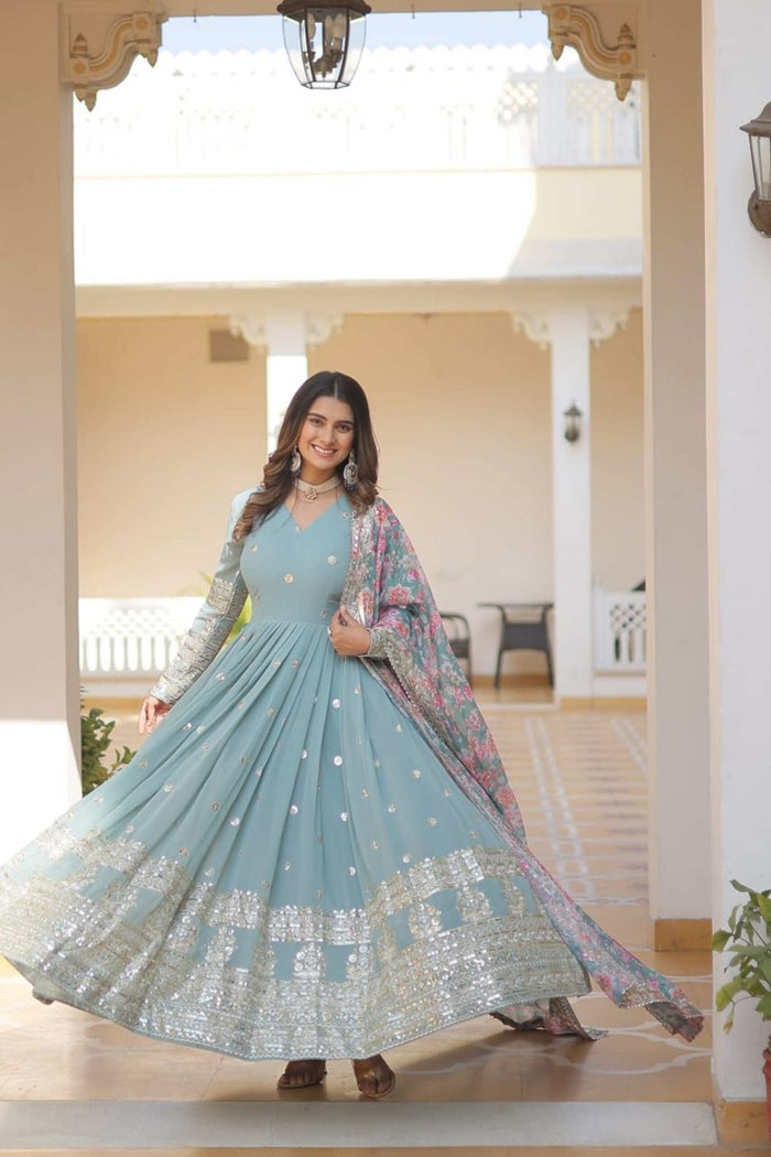 Sky Blue Heavy Embroidery Work Gown