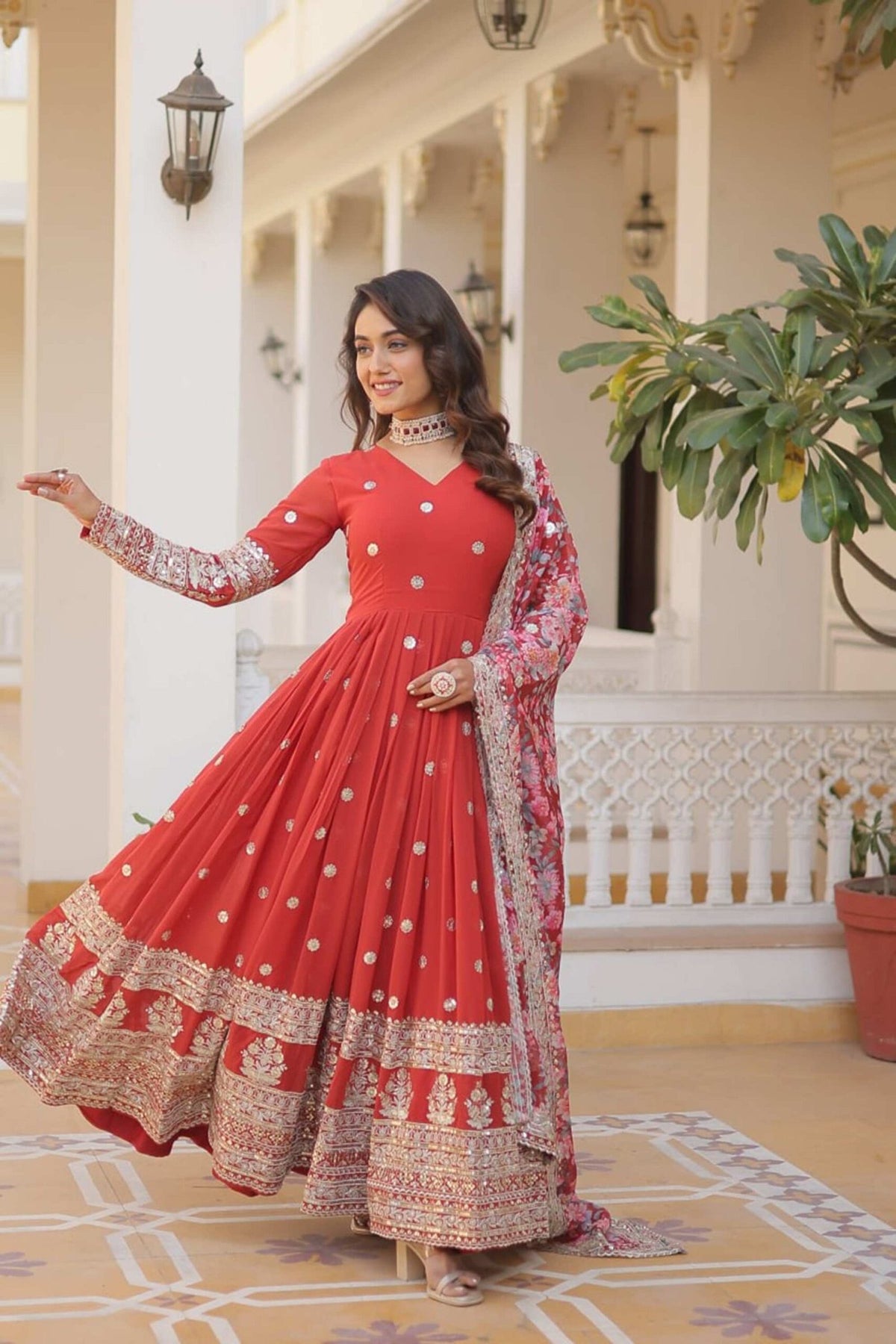 Orange Heavy Embroidery Work Gown