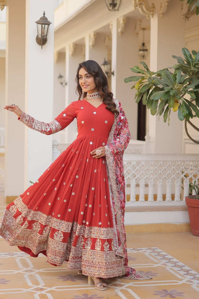 Orange Heavy Embroidery Work Gown