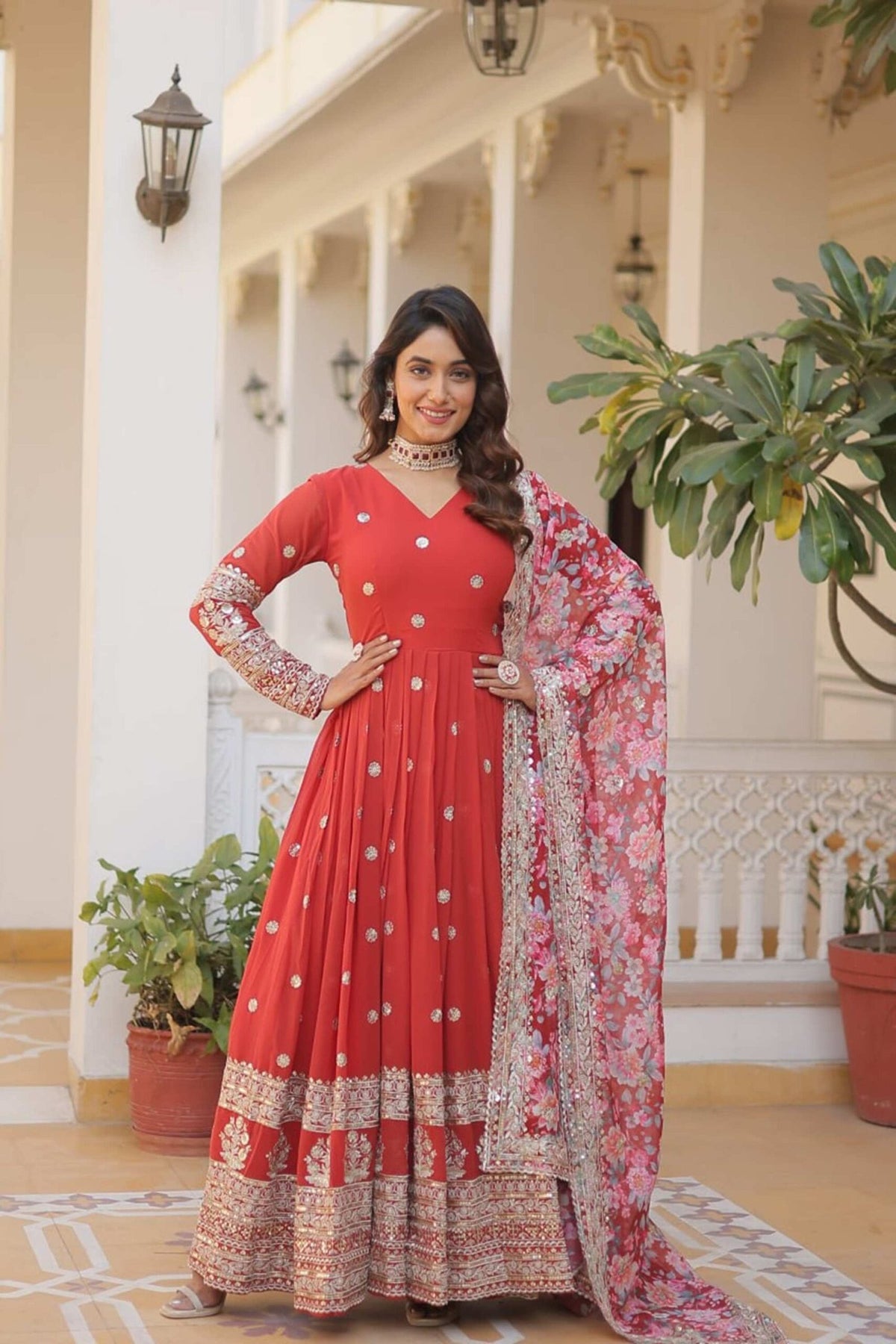 Orange Heavy Embroidery Work Gown