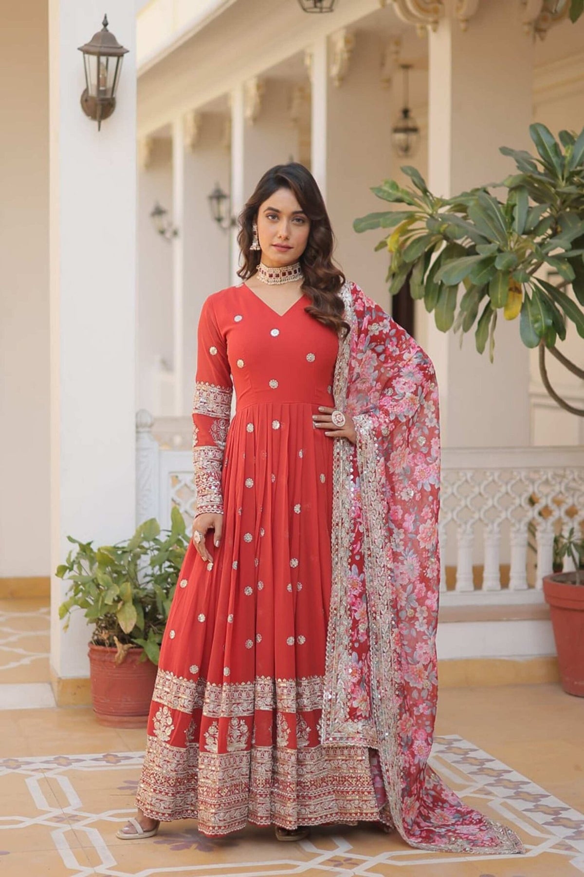 Orange Heavy Embroidery Work Gown