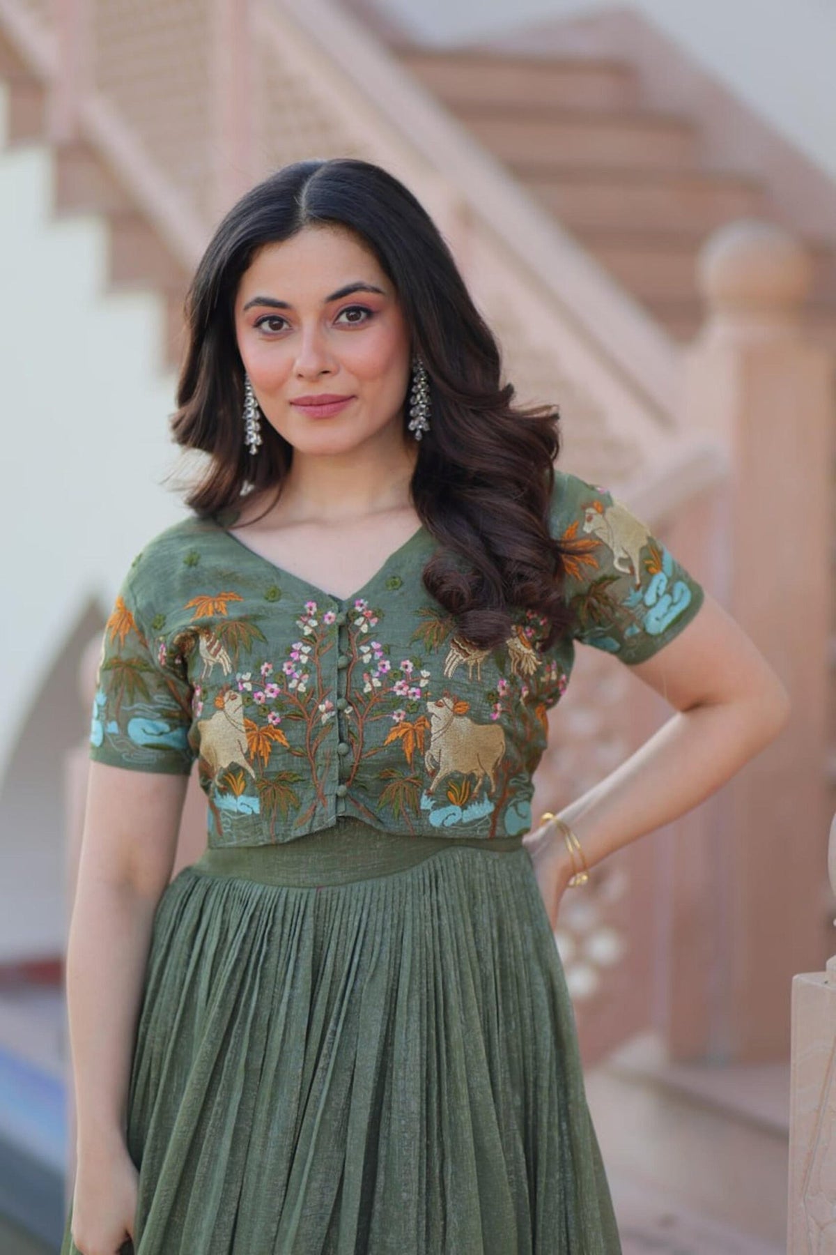 Metal Green Jacket Style South Indian Gown