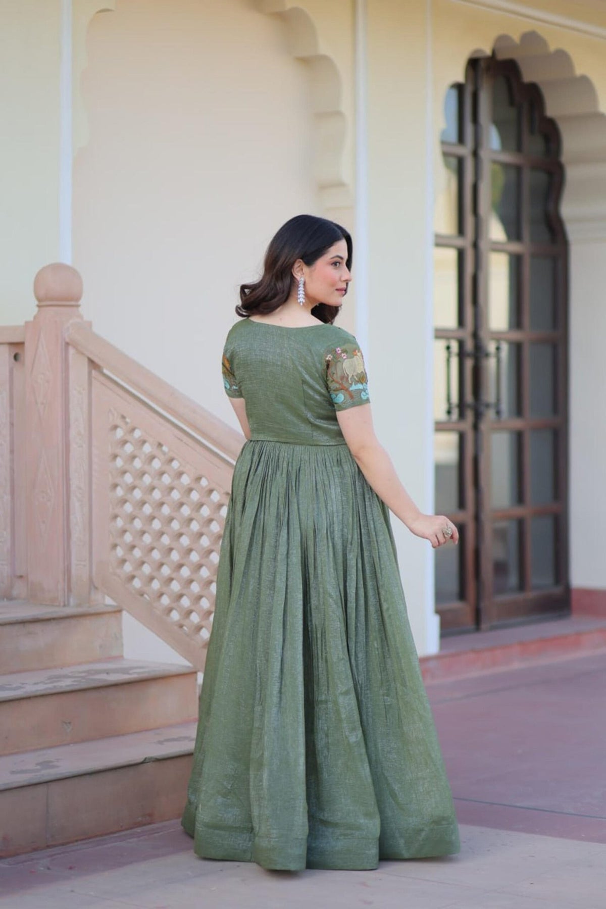 Metal Green Jacket Style South Indian Gown