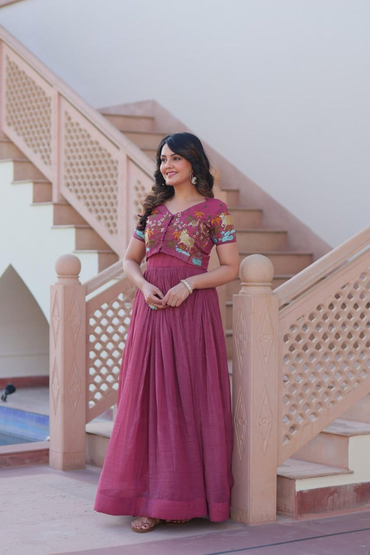 Ruby Color Jacket Style South Indian Gown
