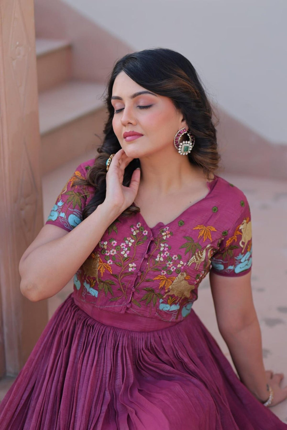 Ruby Color Jacket Style South Indian Gown