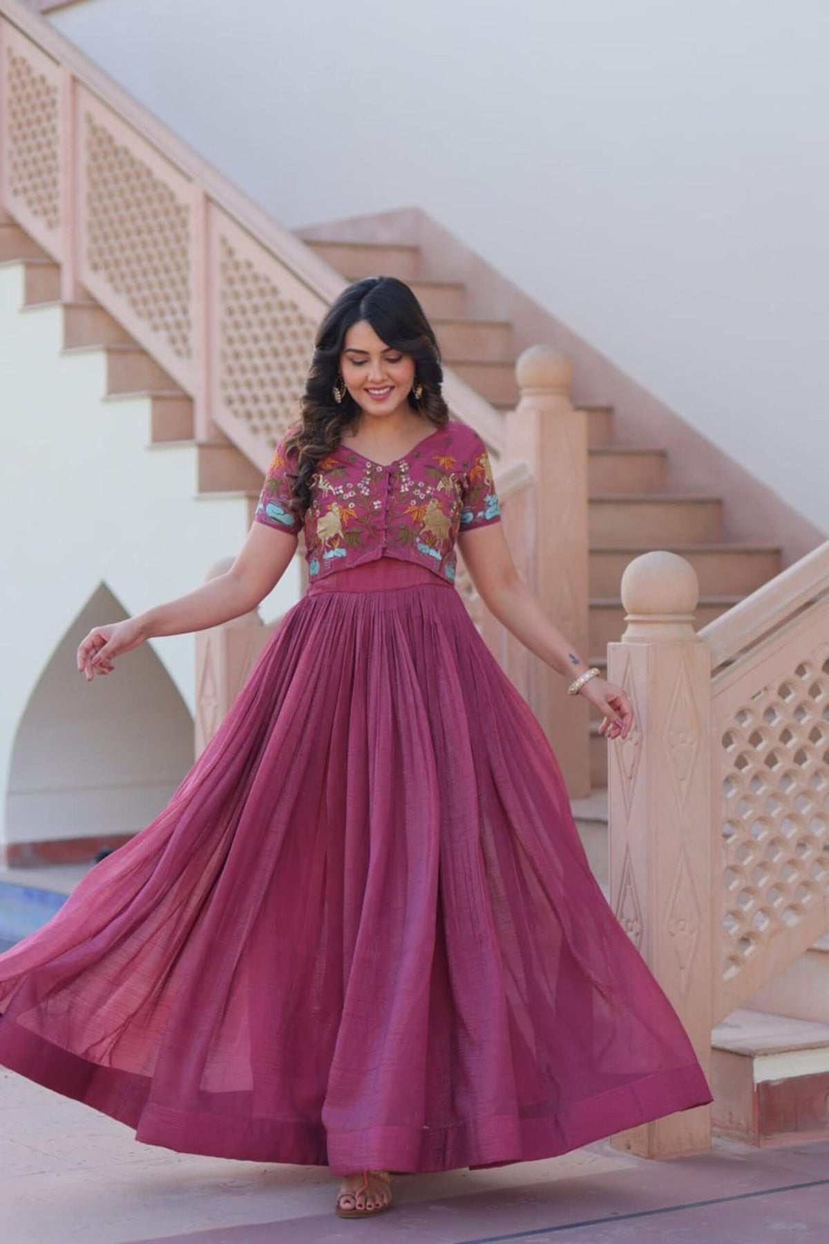 Ruby Color Jacket Style South Indian Gown