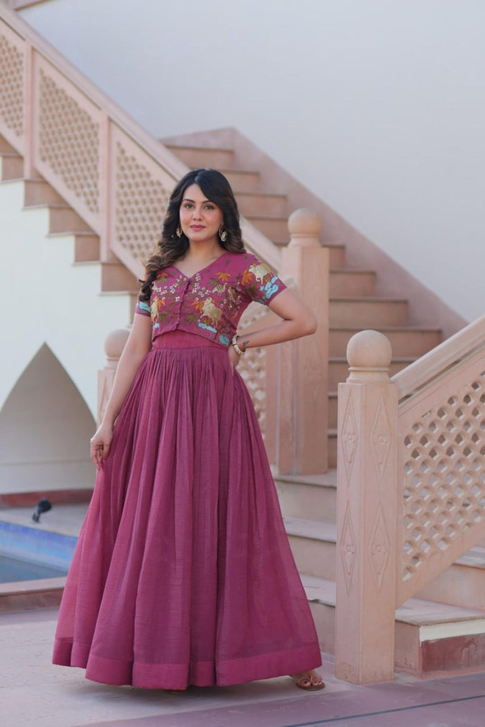 Ruby Color Jacket Style South Indian Gown