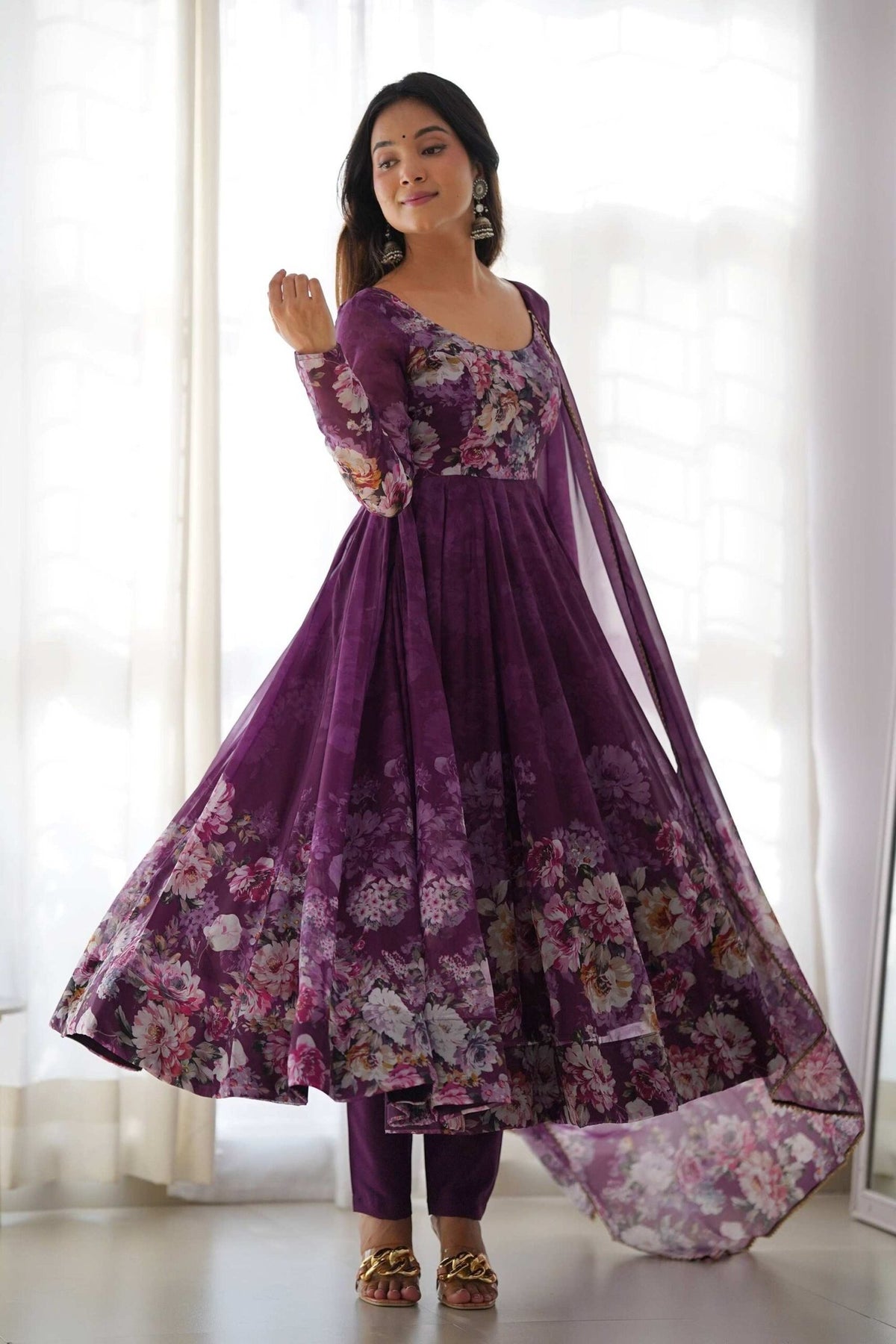 Trendy Wine Floral Printed Anarkali Suit Set