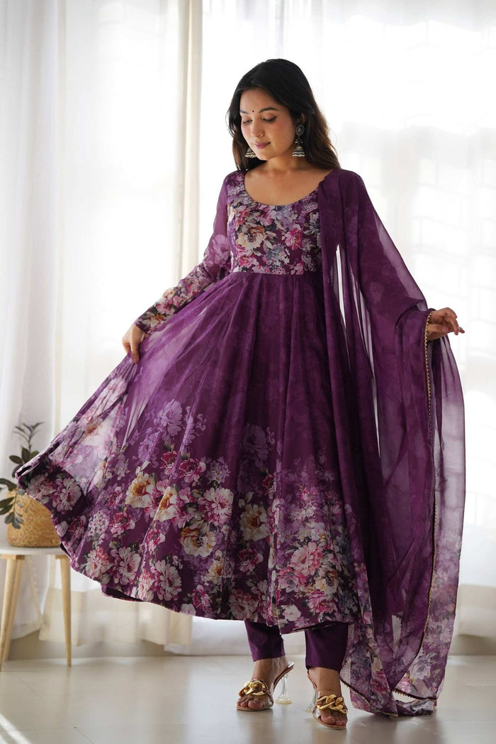 Trendy Wine Floral Printed Anarkali Suit Set
