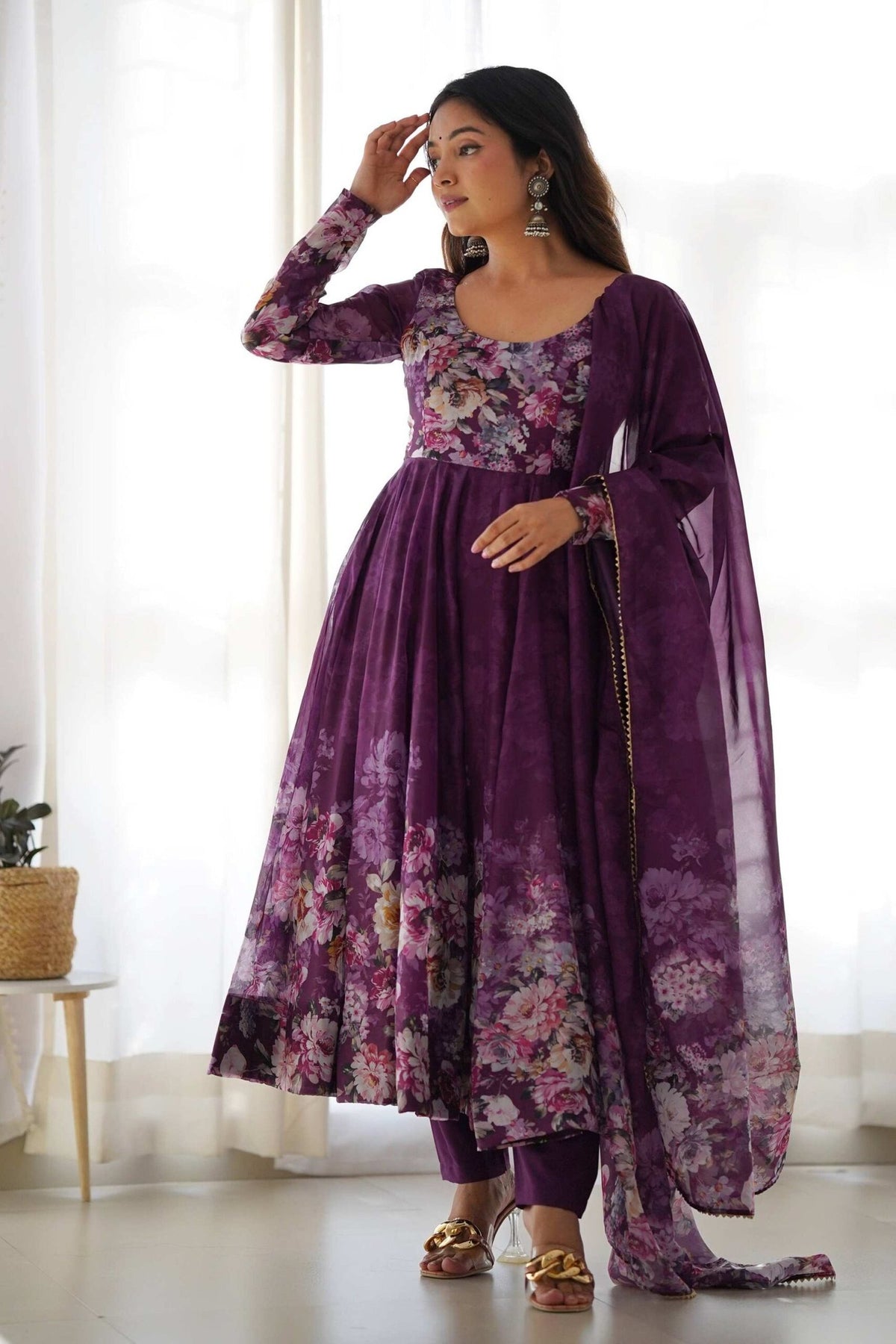 Trendy Wine Floral Printed Anarkali Suit Set