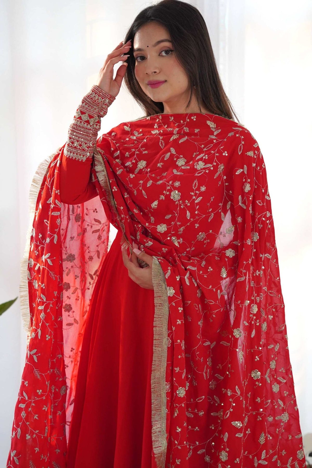 Gourgeous Red Color Georgette Gown