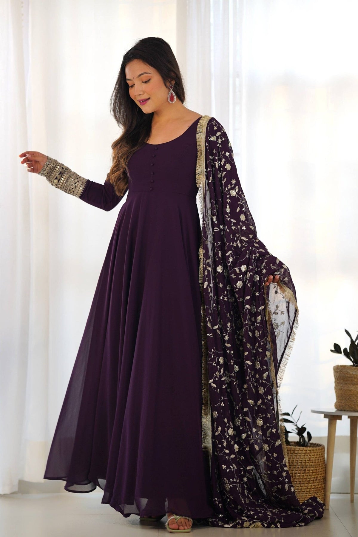 Elegant Wine Georgette Gown Set