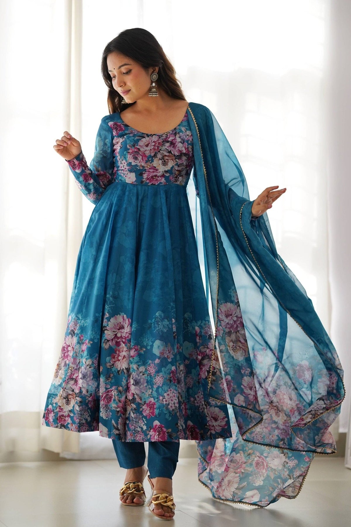 Turkish Floral Printed Organza Anarkali Suit