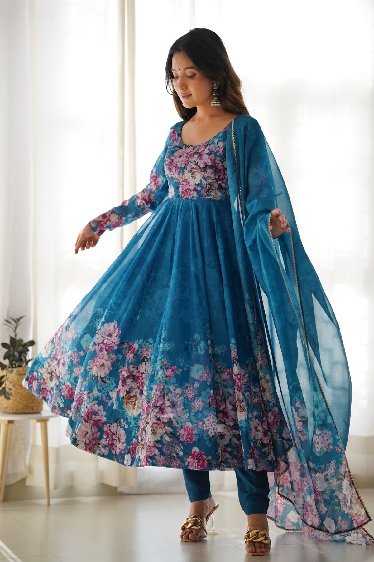Turkish Floral Printed Organza Anarkali Suit