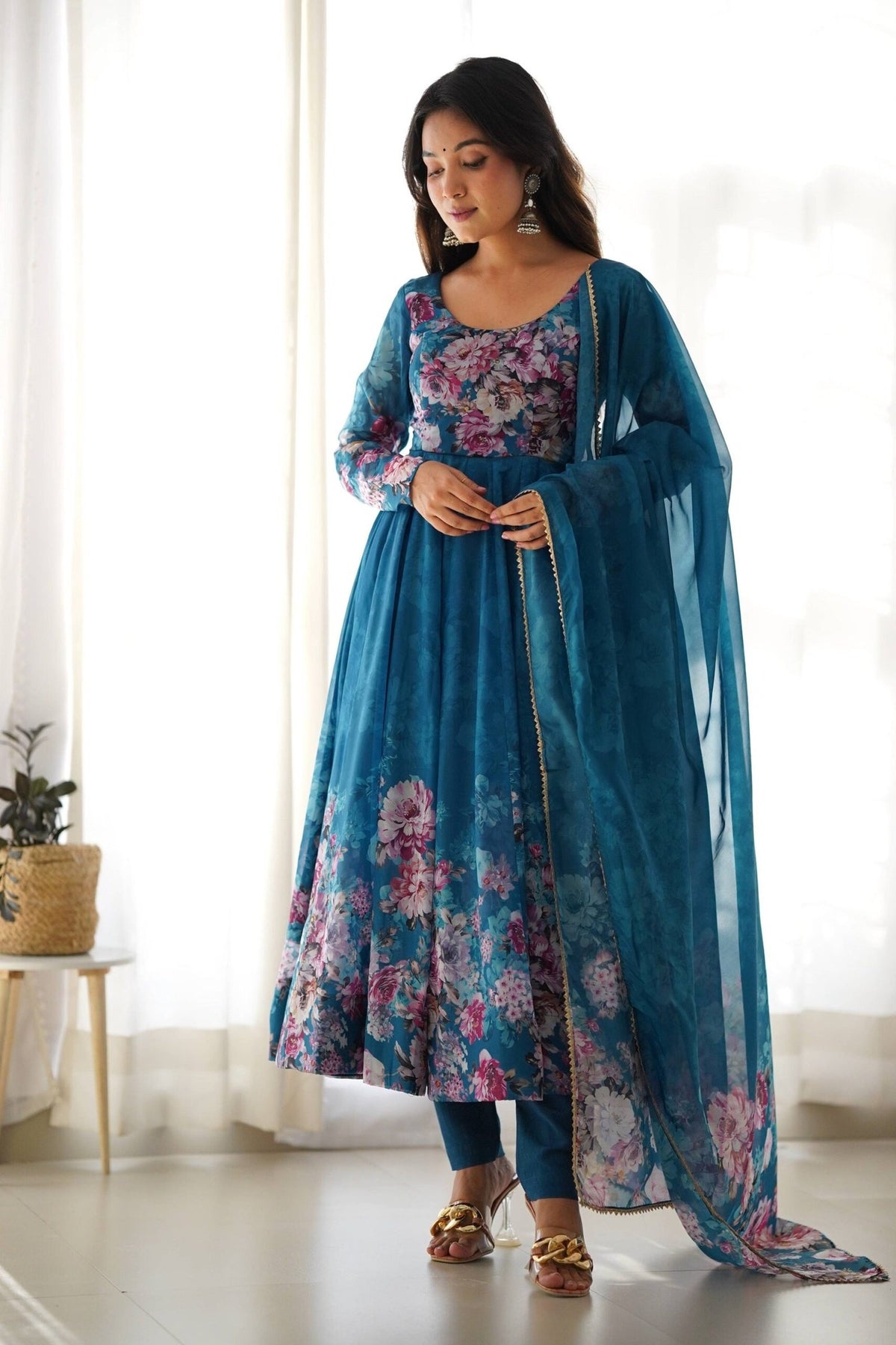 Turkish Floral Printed Organza Anarkali Suit