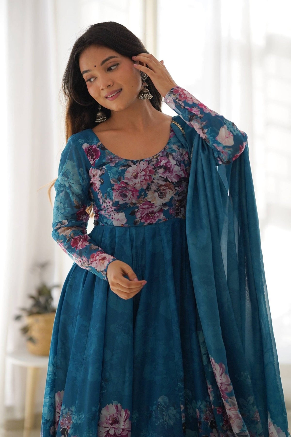 Turkish Floral Printed Organza Anarkali Suit
