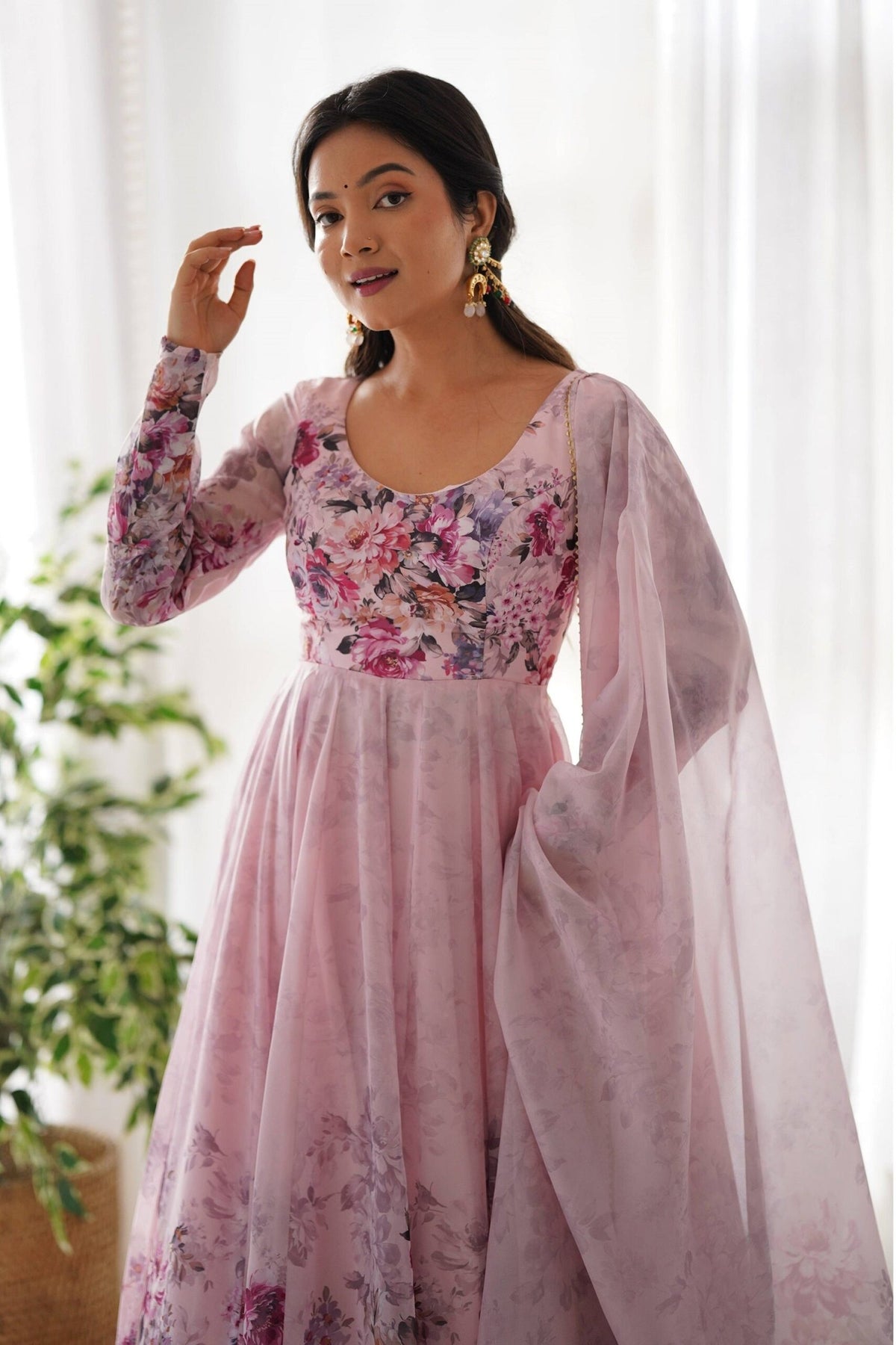 Trendy Pink Floral Anarkali Suit Set