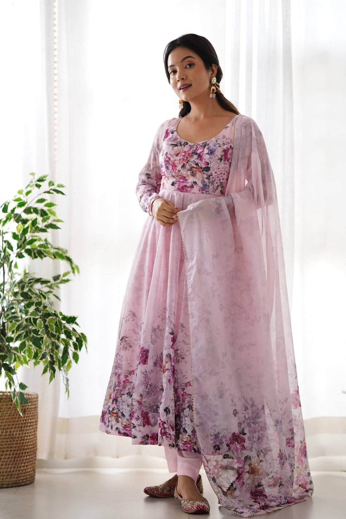 Trendy Pink Floral Anarkali Suit Set