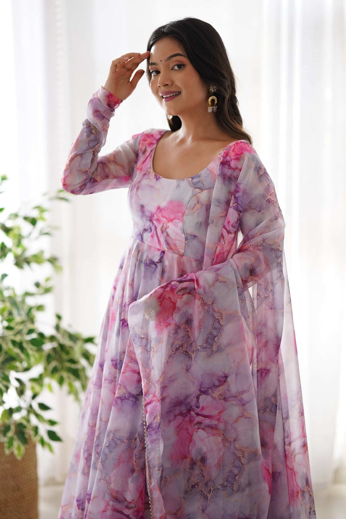 Pink Organza Floral Print Anarkali Suit