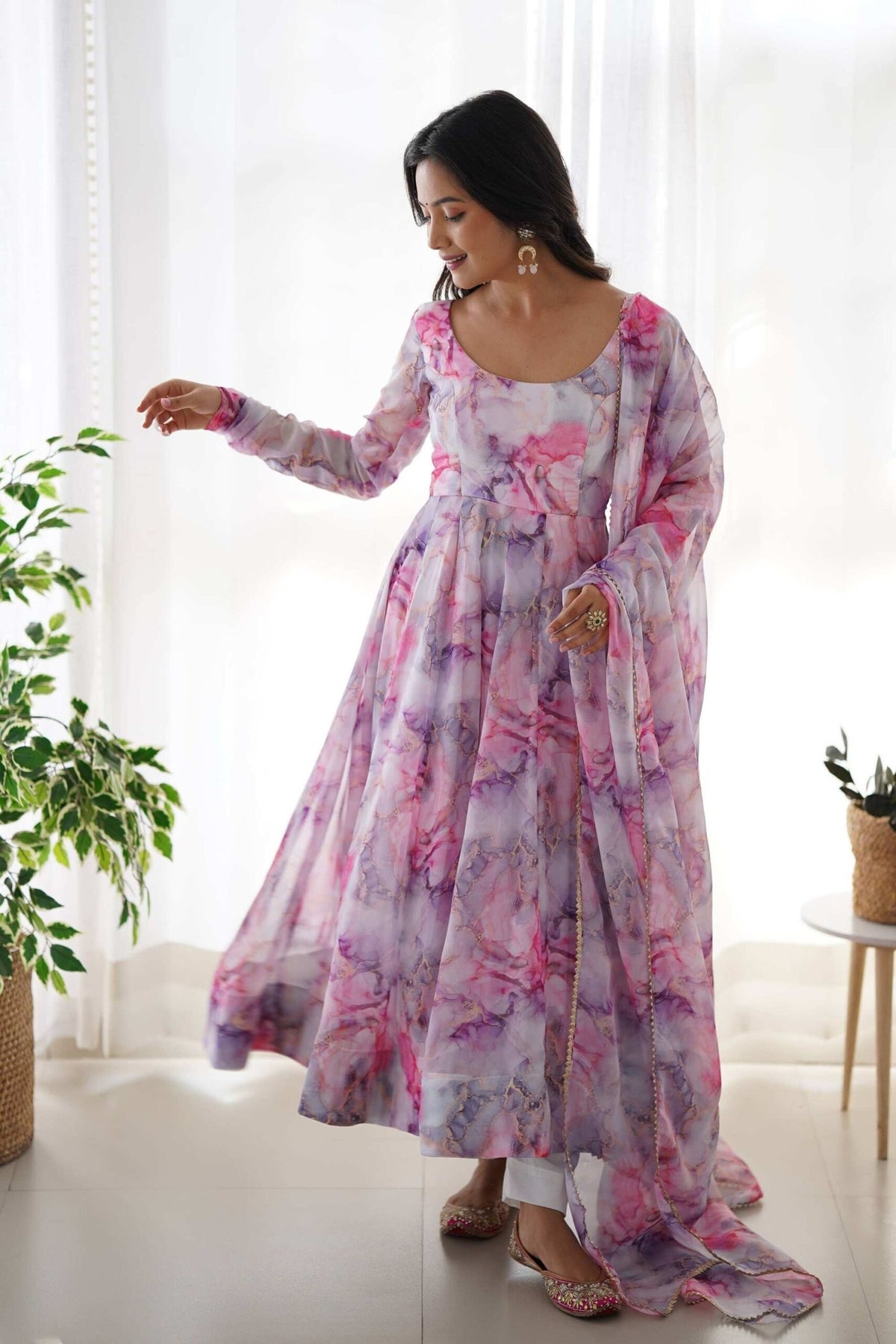 Pink Organza Floral Print Anarkali Suit