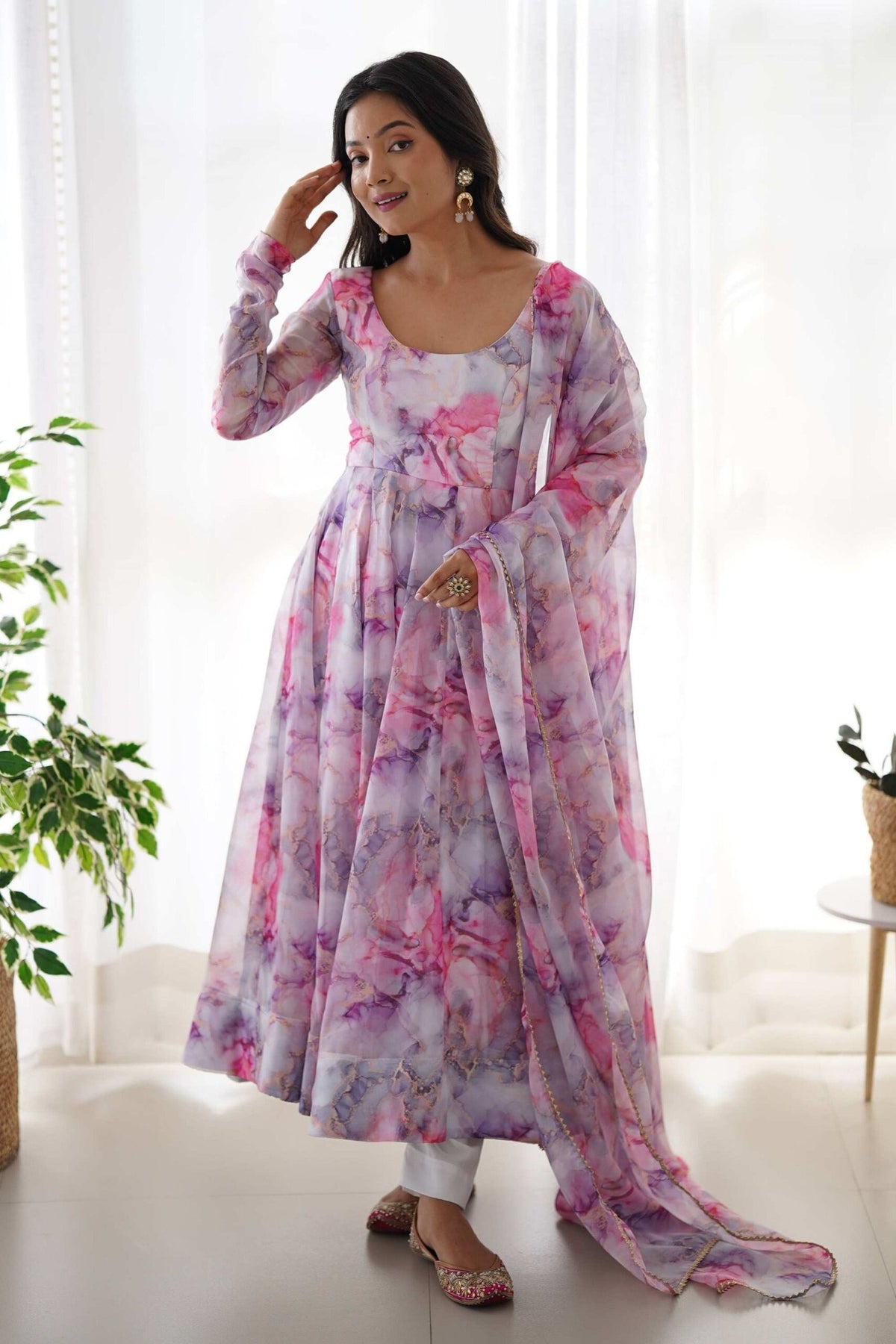 Pink Organza Floral Print Anarkali Suit