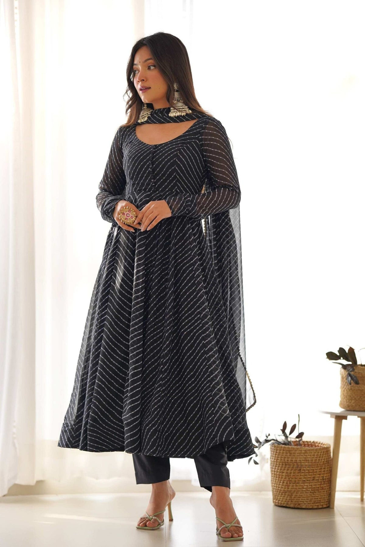 Black Laheriya Print Georgette Anarkali Suit