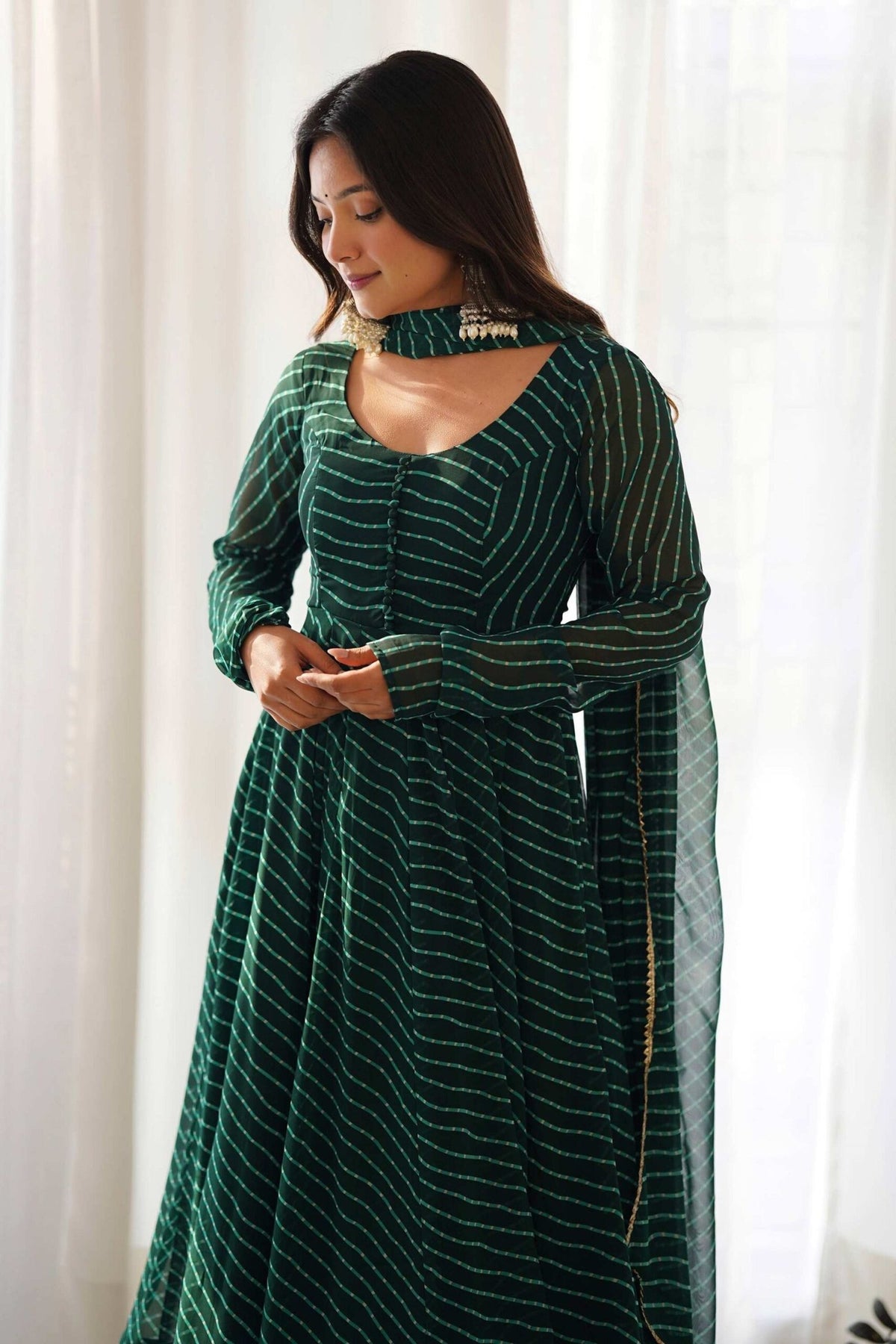 Exquisite Bottle Green Laheriya Print Georgette Anarkali Suit