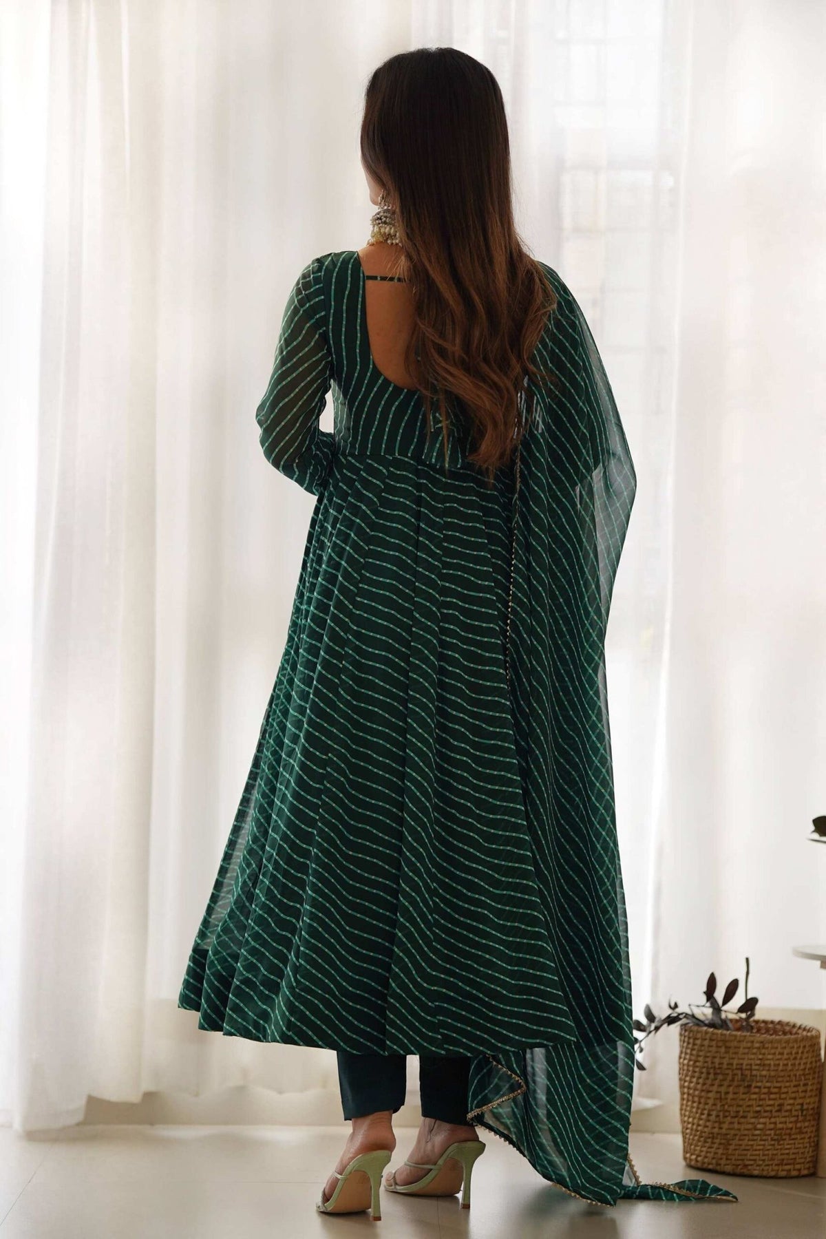 Exquisite Bottle Green Laheriya Print Georgette Anarkali Suit