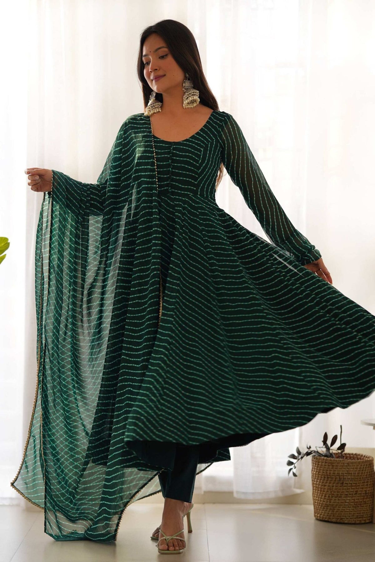 Exquisite Bottle Green Laheriya Print Georgette Anarkali Suit