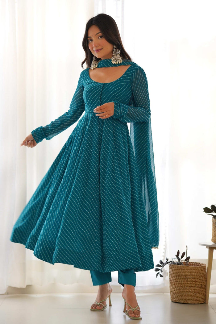 Alluring Rama Lehriya Anarkali Suit