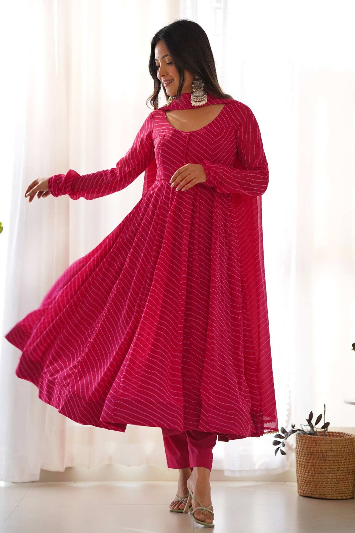 Rani Pink Georgette Laheriya Print Anarkali