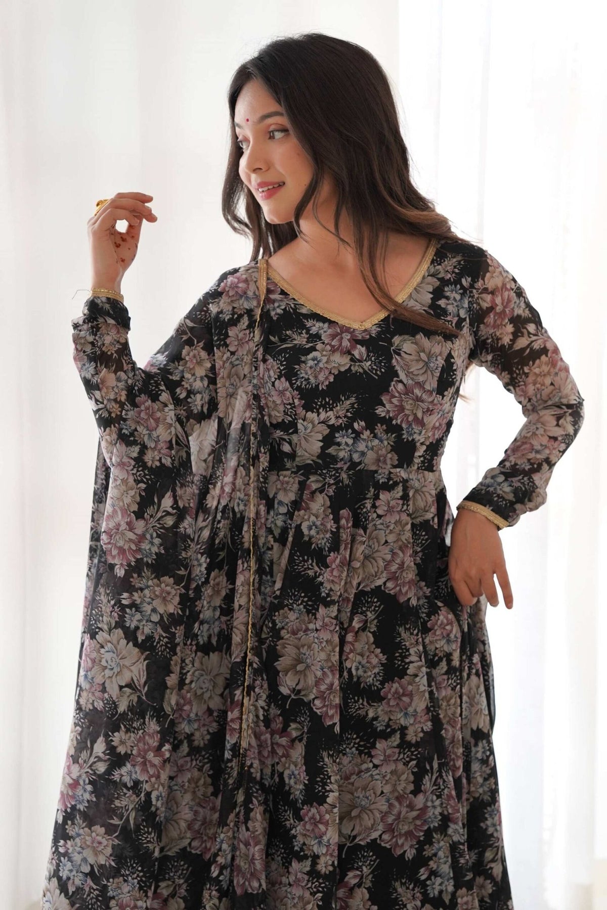Black Floral Georgette Anarkali Suit Set