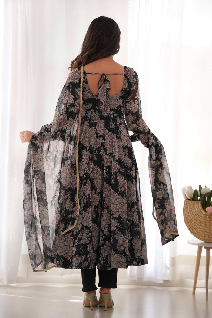 Black Floral Georgette Anarkali Suit Set